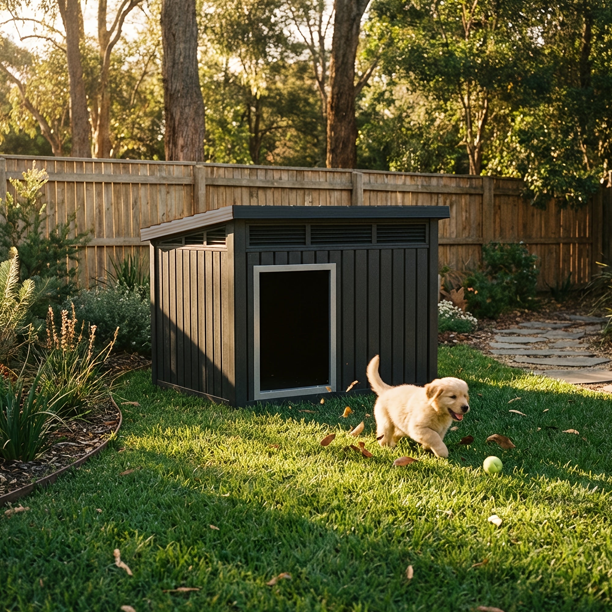 A 33-Inch Slanted Top Doghouse Made from Uv-Resistant Resin, Designed As an Outdoor Pet Shelter with Ventilation Openings. It Is Easy to Assemble And Provides a Stable Home for Large Dogs