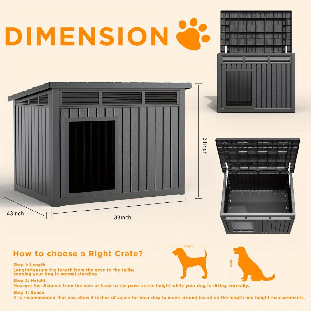 A 33-Inch Slanted Top Doghouse Made from Uv-Resistant Resin, Designed As an Outdoor Pet Shelter with Ventilation Openings. It Is Easy to Assemble And Provides a Stable Home for Large Dogs