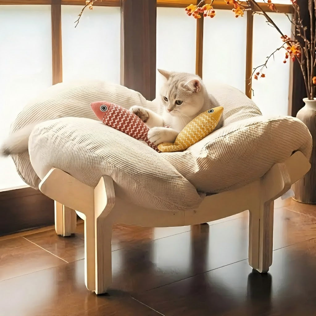 Padded Wooden Elevated Cat Bed Fluffy Pet Sofa Indoor Cat Lifting Lounge Chair with Hardware Tools Suitable for Puppies and Cats Furniture(Two Hemp Fish Are Included as a Gift.)