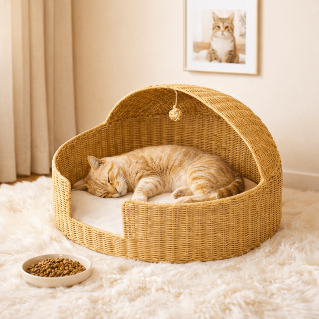Handwoven Round Rattan Cat Bed, Easy to Assemble, Hand-knitted Cat Basket Bed, Comfortable All-Season Pet Bed, Suitable for Cats and Small Dogs, Indoor\u002FOutdoor Pet Basket