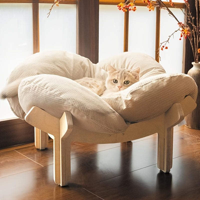 Elevated Cat Bed Wooden with Cushion Fluffy Pet Couch Sofa for Indoor Cats Raised Kitty Lounge Chair with Hardware Tool Suitable for Puppy, Cat Furniture