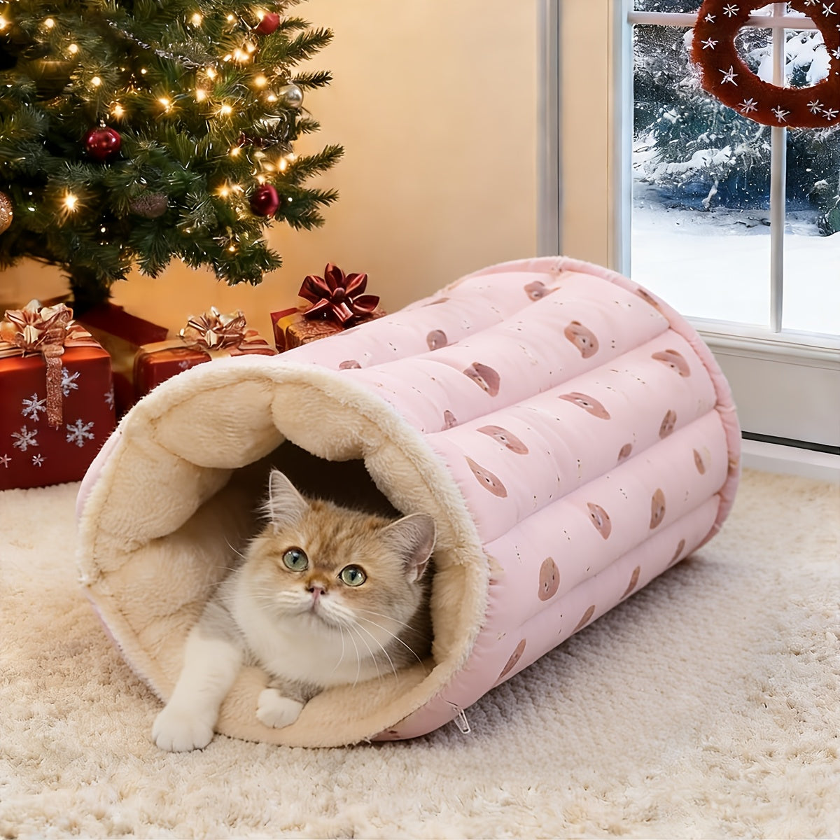 1pc Bear Print 2-in-1 Cat Bed Tunnel Mat Suitable for All- Warm Enclosed Tunnel Bed & Playhouse, Double-Sided Tunnel Design with Cozy Hideout for Indoor Cats, Bedding for Rest and Play for Kittens and Cats