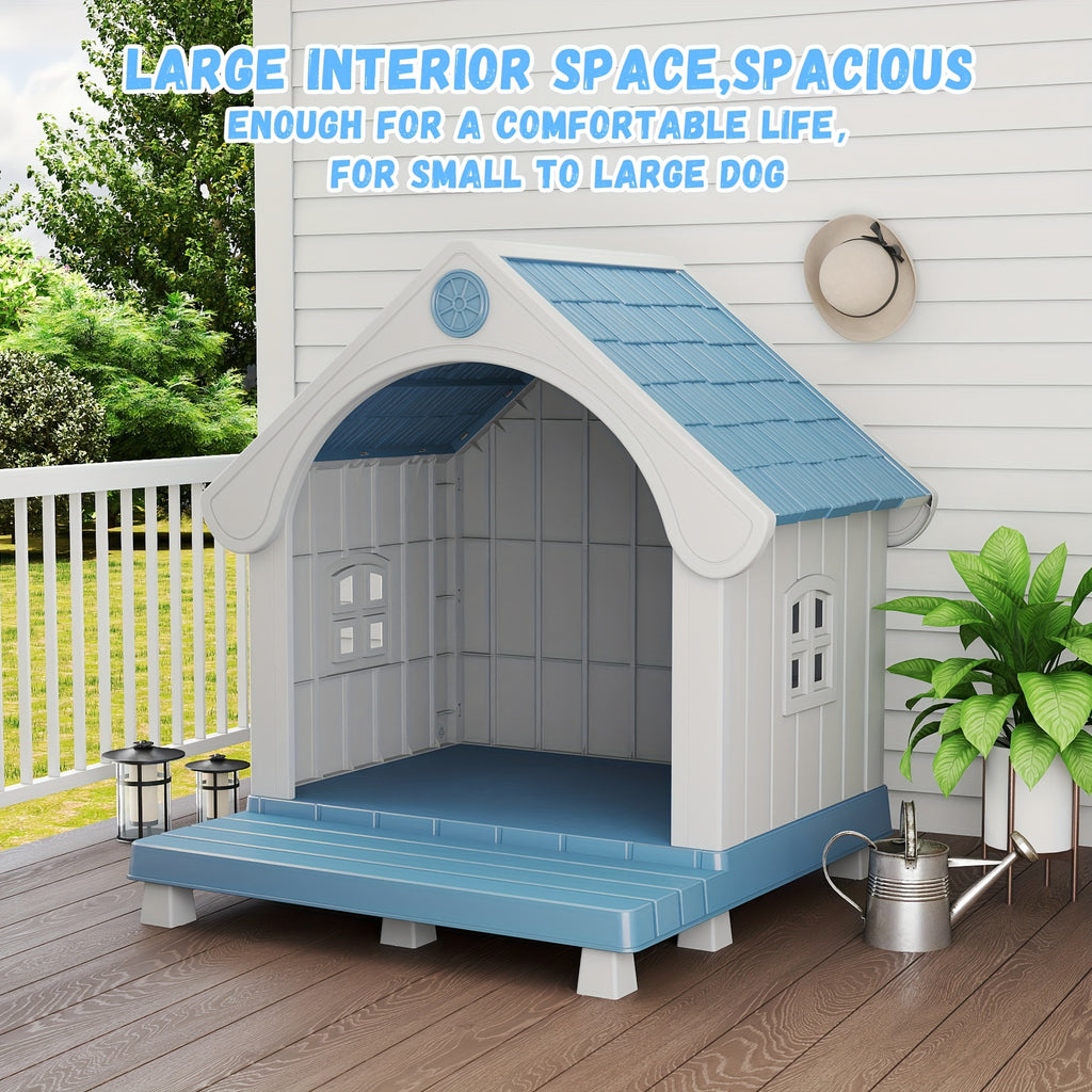 Durable Plastic Dog House Bed - All-Weather UV-Protected & Scratch-Resistant Indoor\u002FOutdoor Pet Shelter with Ventilation Holes, Easy-Clean Striped Roof & Grey Walls, Sturdy Odorless Kennel for Small\u002FMedium\u002FLarge Dogs (Assembly Required
