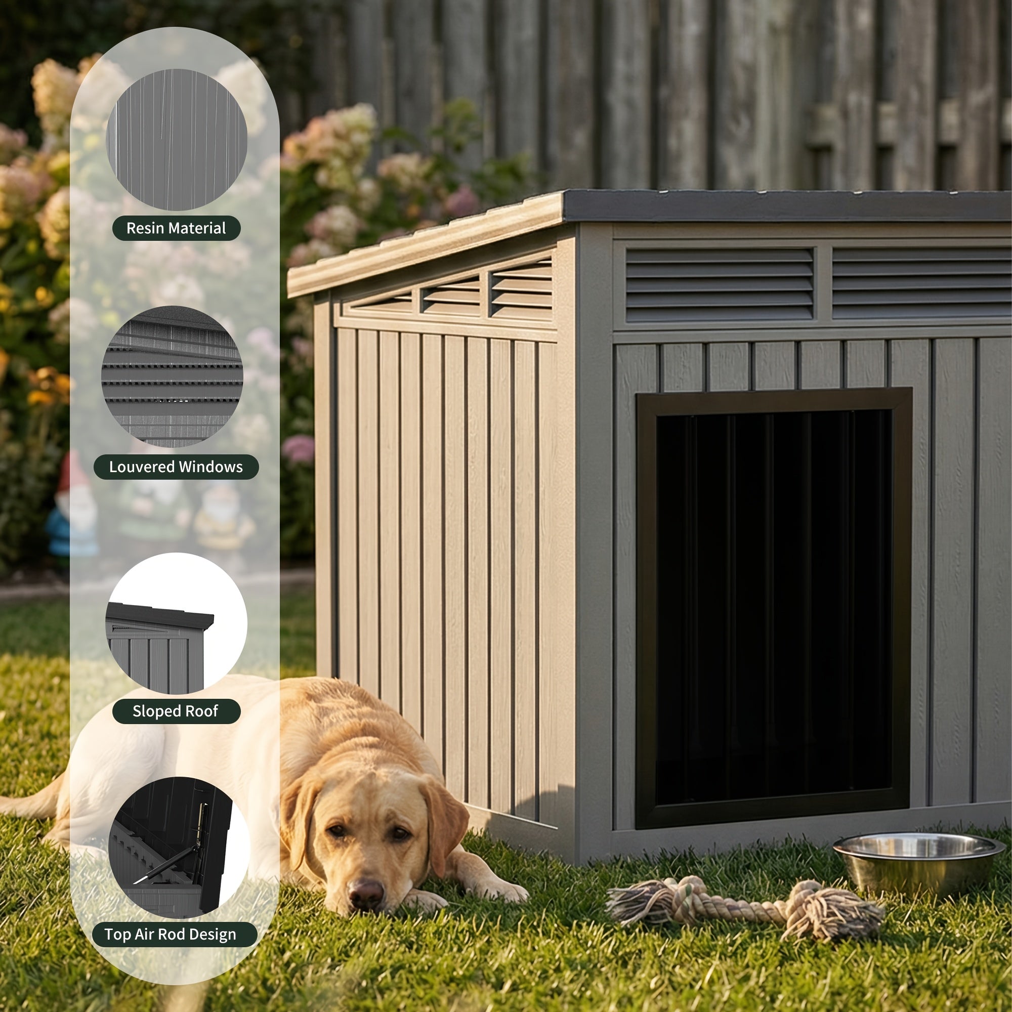 A 33-Inch Slanted Top Doghouse Made from Uv-Resistant Resin, Designed As an Outdoor Pet Shelter with Ventilation Openings. It Is Easy to Assemble And Provides a Stable Home for Large Dogs