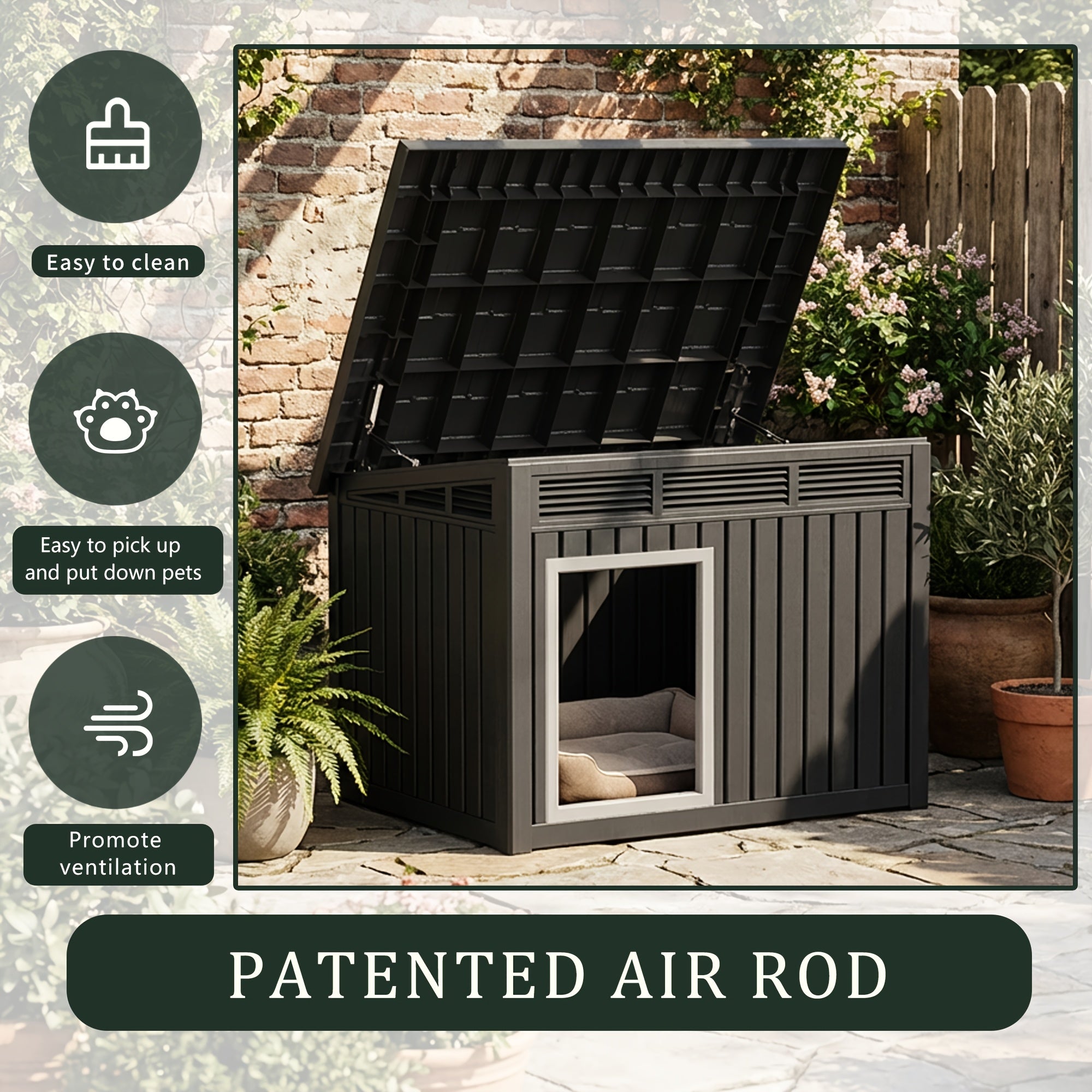 A 33-Inch Slanted Top Doghouse Made from Uv-Resistant Resin, Designed As an Outdoor Pet Shelter with Ventilation Openings. It Is Easy to Assemble And Provides a Stable Home for Large Dogs