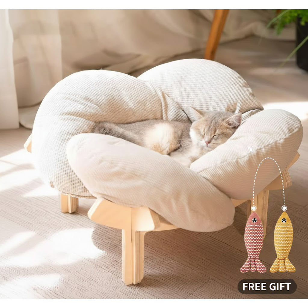 Padded Wooden Elevated Cat Bed Fluffy Pet Sofa Indoor Cat Lifting Lounge Chair with Hardware Tools Suitable for Puppies and Cats Furniture(Two Hemp Fish Are Included as a Gift.)