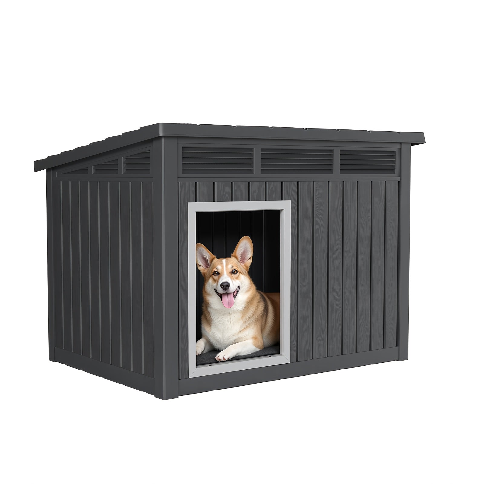 A 33-Inch Slanted Top Doghouse Made from Uv-Resistant Resin, Designed As an Outdoor Pet Shelter with Ventilation Openings. It Is Easy to Assemble And Provides a Stable Home for Large Dogs