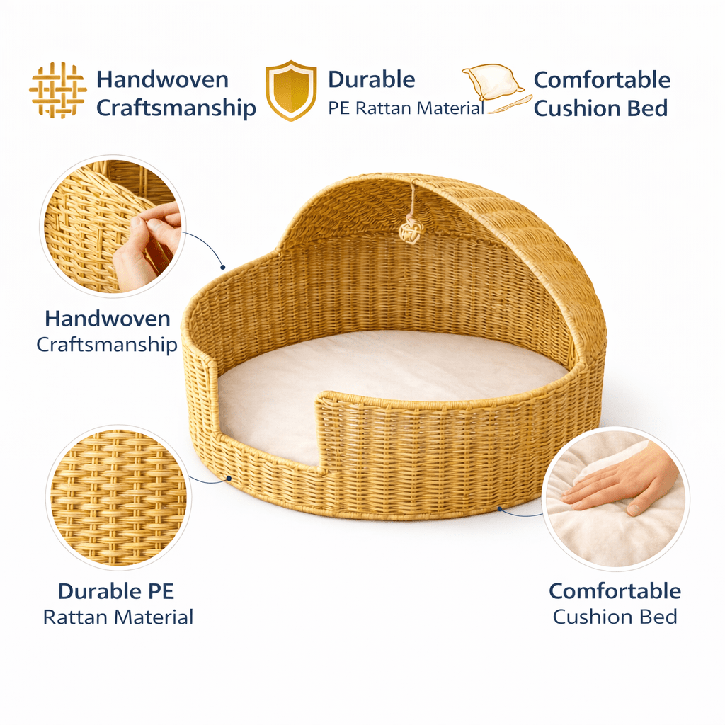 Handwoven Round Rattan Cat Bed, Easy to Assemble, Hand-knitted Cat Basket Bed, Comfortable All-Season Pet Bed, Suitable for Cats and Small Dogs, Indoor\u002FOutdoor Pet Basket