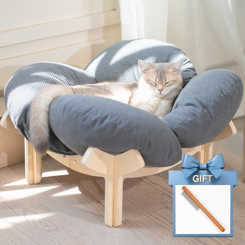 Elevated Cat Bed Wooden with Cushion Fluffy Pet Couch Sofa for Indoor Cats Raised Kitty Lounge Chair with Hardware Tool Suitable for Puppy, Cat Furniture