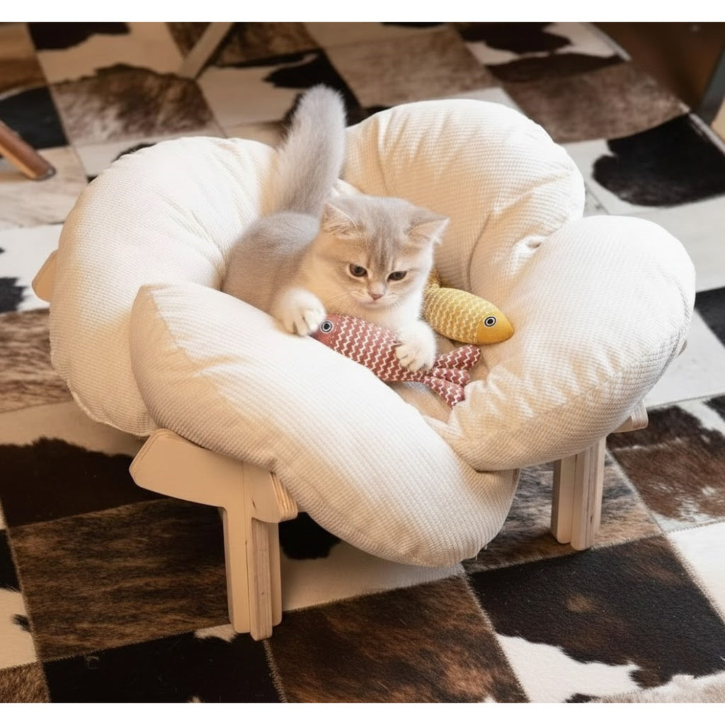Padded Wooden Elevated Cat Bed Fluffy Pet Sofa Indoor Cat Lifting Lounge Chair with Hardware Tools Suitable for Puppies and Cats Furniture(Two Hemp Fish Are Included as a Gift.)