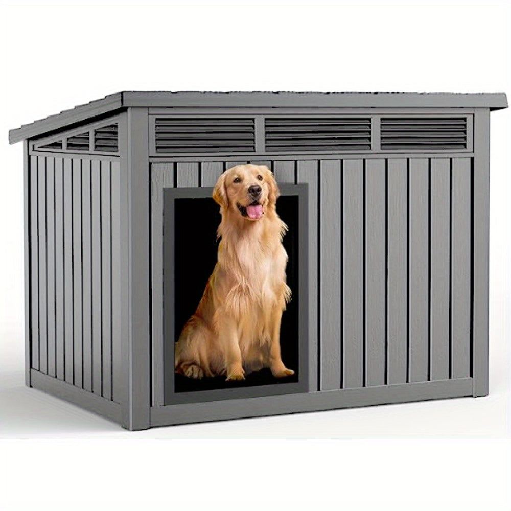 A 33-Inch Slanted Top Doghouse Made from Uv-Resistant Resin, Designed As an Outdoor Pet Shelter with Ventilation Openings. It Is Easy to Assemble And Provides a Stable Home for Large Dogs