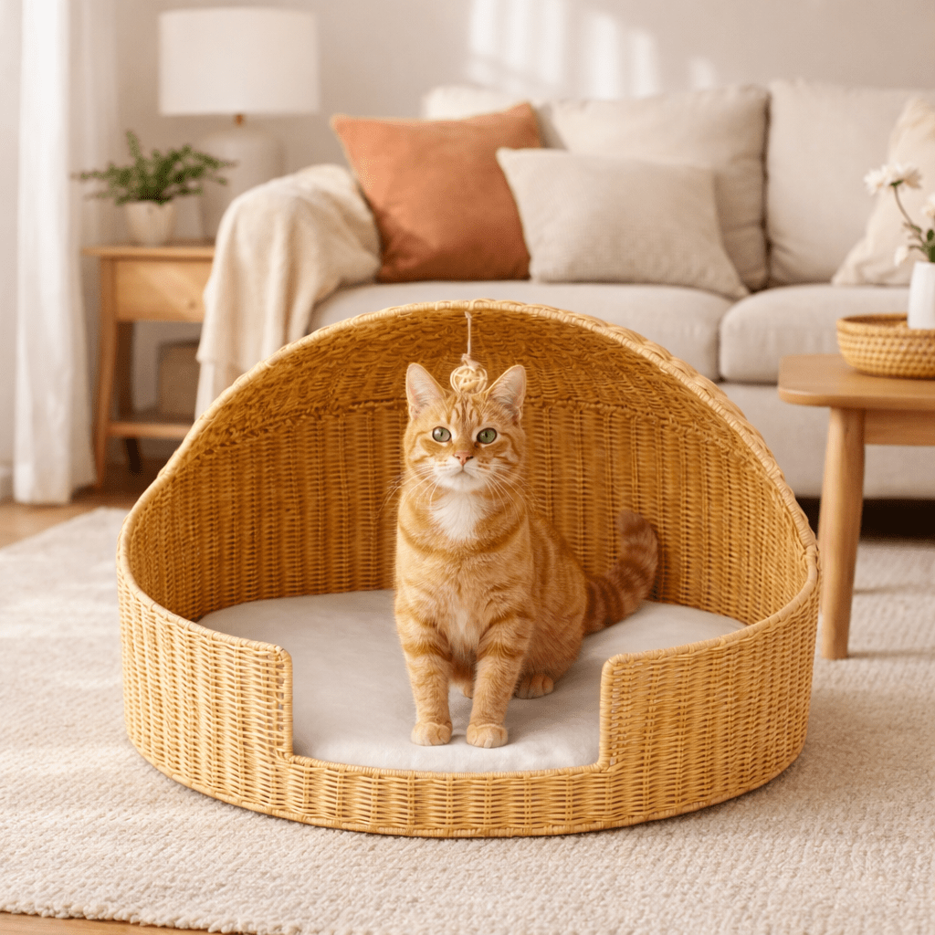 Handwoven Round Rattan Cat Bed, Easy to Assemble, Hand-knitted Cat Basket Bed, Comfortable All-Season Pet Bed, Suitable for Cats and Small Dogs, Indoor\u002FOutdoor Pet Basket