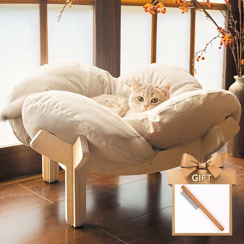 Elevated Cat Bed Wooden with Cushion Fluffy Pet Couch Sofa for Indoor Cats Raised Kitty Lounge Chair with Hardware Tool Suitable for Puppy, Cat Furniture