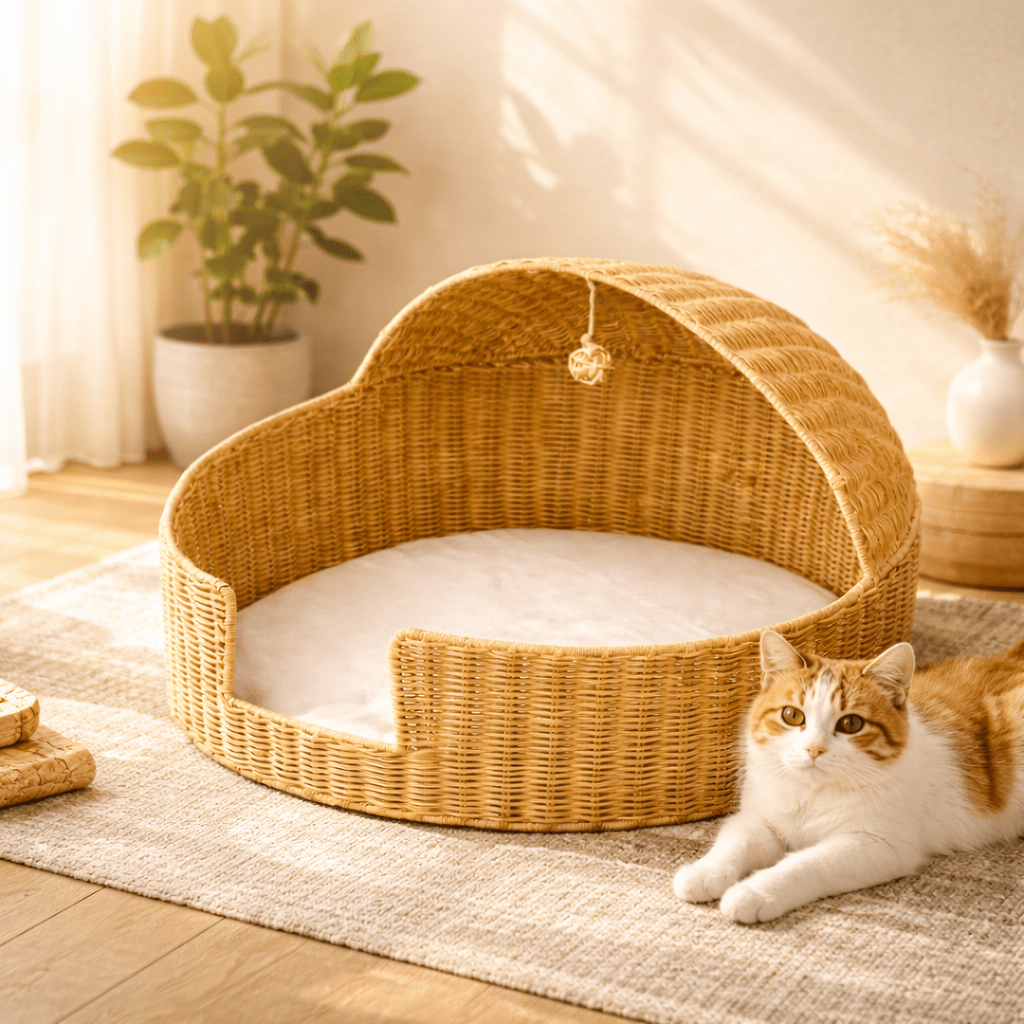 Handwoven Round Rattan Cat Bed, Easy to Assemble, Hand-knitted Cat Basket Bed, Comfortable All-Season Pet Bed, Suitable for Cats and Small Dogs, Indoor\u002FOutdoor Pet Basket