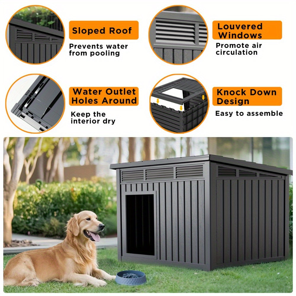 A 33-Inch Slanted Top Doghouse Made from Uv-Resistant Resin, Designed As an Outdoor Pet Shelter with Ventilation Openings. It Is Easy to Assemble And Provides a Stable Home for Large Dogs