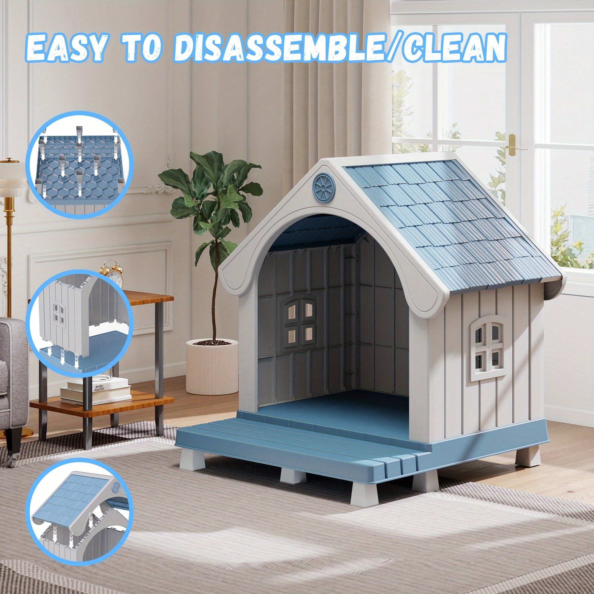 Durable Plastic Dog House Bed - All-Weather UV-Protected & Scratch-Resistant Indoor\u002FOutdoor Pet Shelter with Ventilation Holes, Easy-Clean Striped Roof & Grey Walls, Sturdy Odorless Kennel for Small\u002FMedium\u002FLarge Dogs (Assembly Required