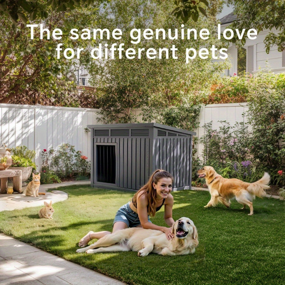 A 33-Inch Slanted Top Doghouse Made from Uv-Resistant Resin, Designed As an Outdoor Pet Shelter with Ventilation Openings. It Is Easy to Assemble And Provides a Stable Home for Large Dogs
