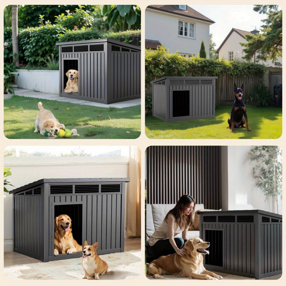 A 33-Inch Slanted Top Doghouse Made from Uv-Resistant Resin, Designed As an Outdoor Pet Shelter with Ventilation Openings. It Is Easy to Assemble And Provides a Stable Home for Large Dogs