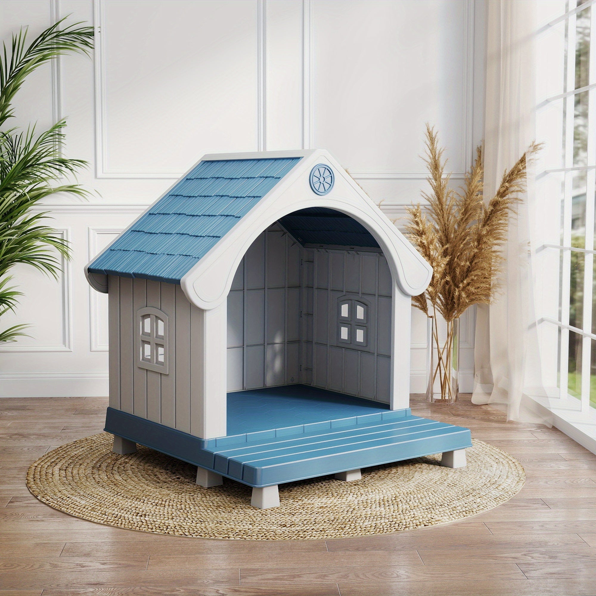 Durable Plastic Dog House Bed - All-Weather UV-Protected & Scratch-Resistant Indoor\u002FOutdoor Pet Shelter with Ventilation Holes, Easy-Clean Striped Roof & Grey Walls, Sturdy Odorless Kennel for Small\u002FMedium\u002FLarge Dogs (Assembly Required