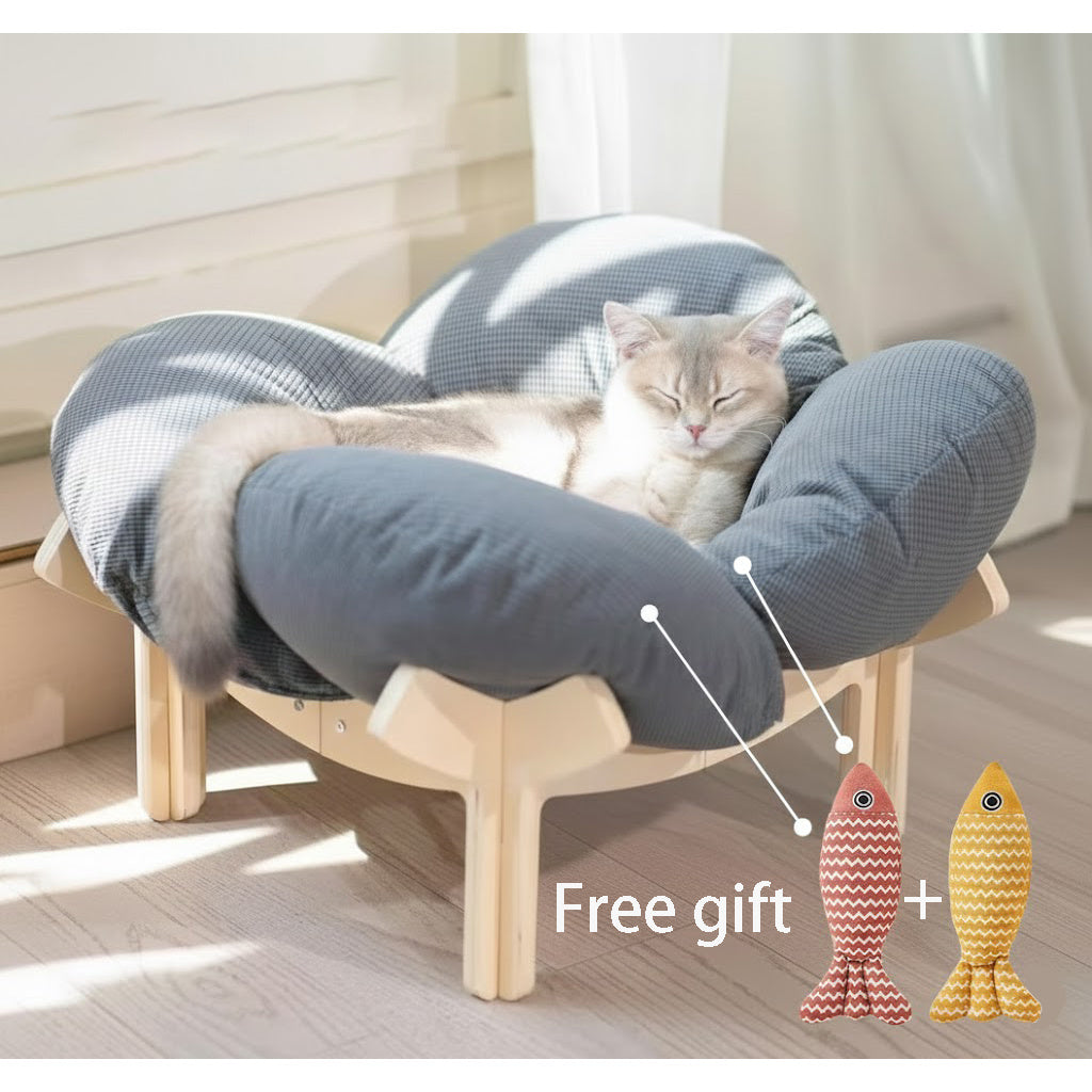 Padded Wooden Elevated Cat Bed Fluffy Pet Sofa Indoor Cat Lifting Lounge Chair with Hardware Tools Suitable for Puppies and Cats Furniture(Two Hemp Fish Are Included as a Gift.)
