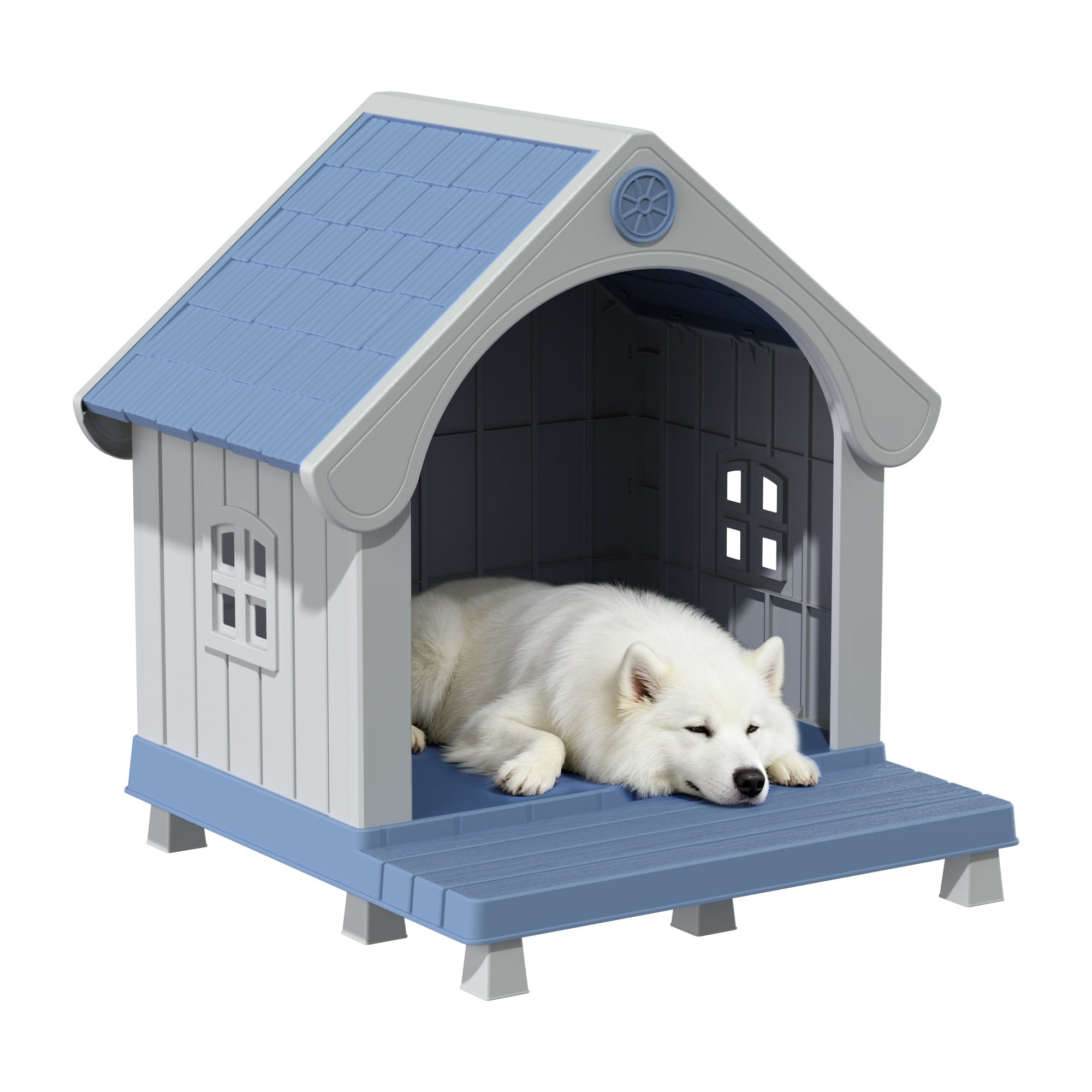 Durable Plastic Dog House Bed - All-Weather UV-Protected & Scratch-Resistant Indoor\u002FOutdoor Pet Shelter with Ventilation Holes, Easy-Clean Striped Roof & Grey Walls, Sturdy Odorless Kennel for Small\u002FMedium\u002FLarge Dogs (Assembly Required