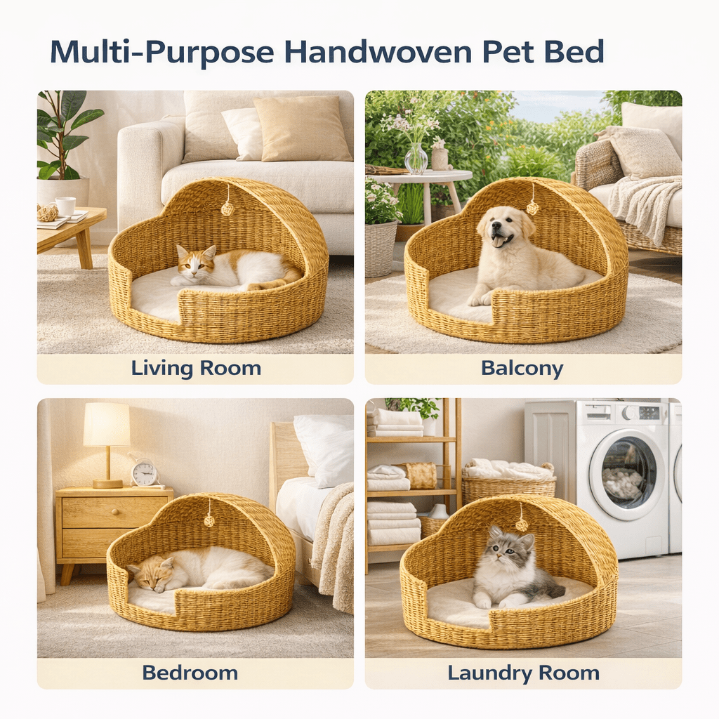 Handwoven Round Rattan Cat Bed, Easy to Assemble, Hand-knitted Cat Basket Bed, Comfortable All-Season Pet Bed, Suitable for Cats and Small Dogs, Indoor\u002FOutdoor Pet Basket