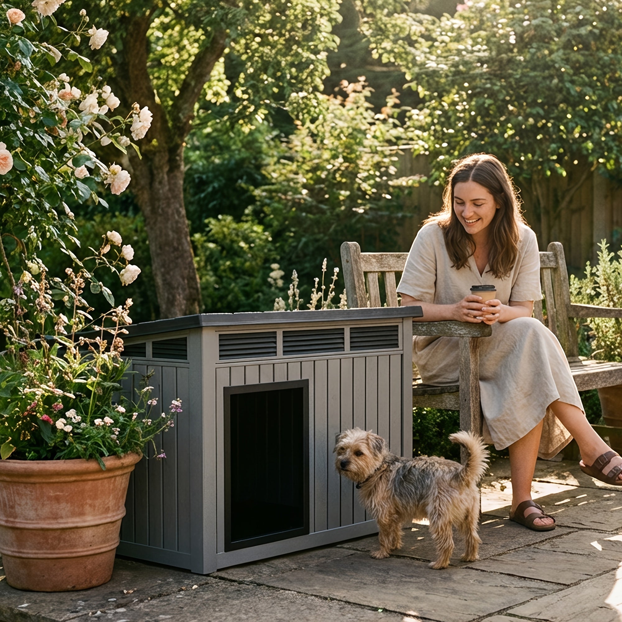 A 33-Inch Slanted Top Doghouse Made from Uv-Resistant Resin, Designed As an Outdoor Pet Shelter with Ventilation Openings. It Is Easy to Assemble And Provides a Stable Home for Large Dogs