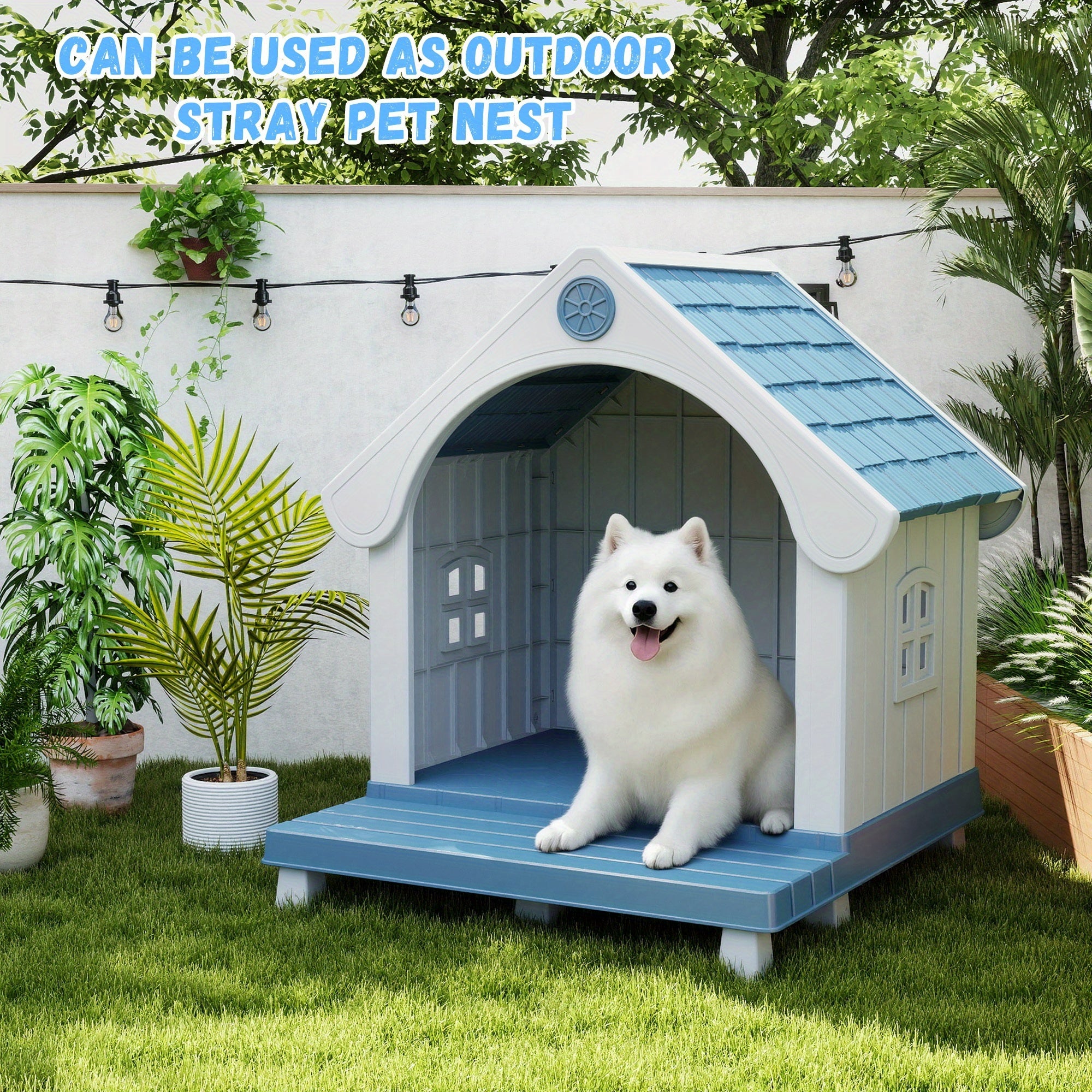 Durable Plastic Dog House Bed - All-Weather UV-Protected & Scratch-Resistant Indoor\u002FOutdoor Pet Shelter with Ventilation Holes, Easy-Clean Striped Roof & Grey Walls, Sturdy Odorless Kennel for Small\u002FMedium\u002FLarge Dogs (Assembly Required