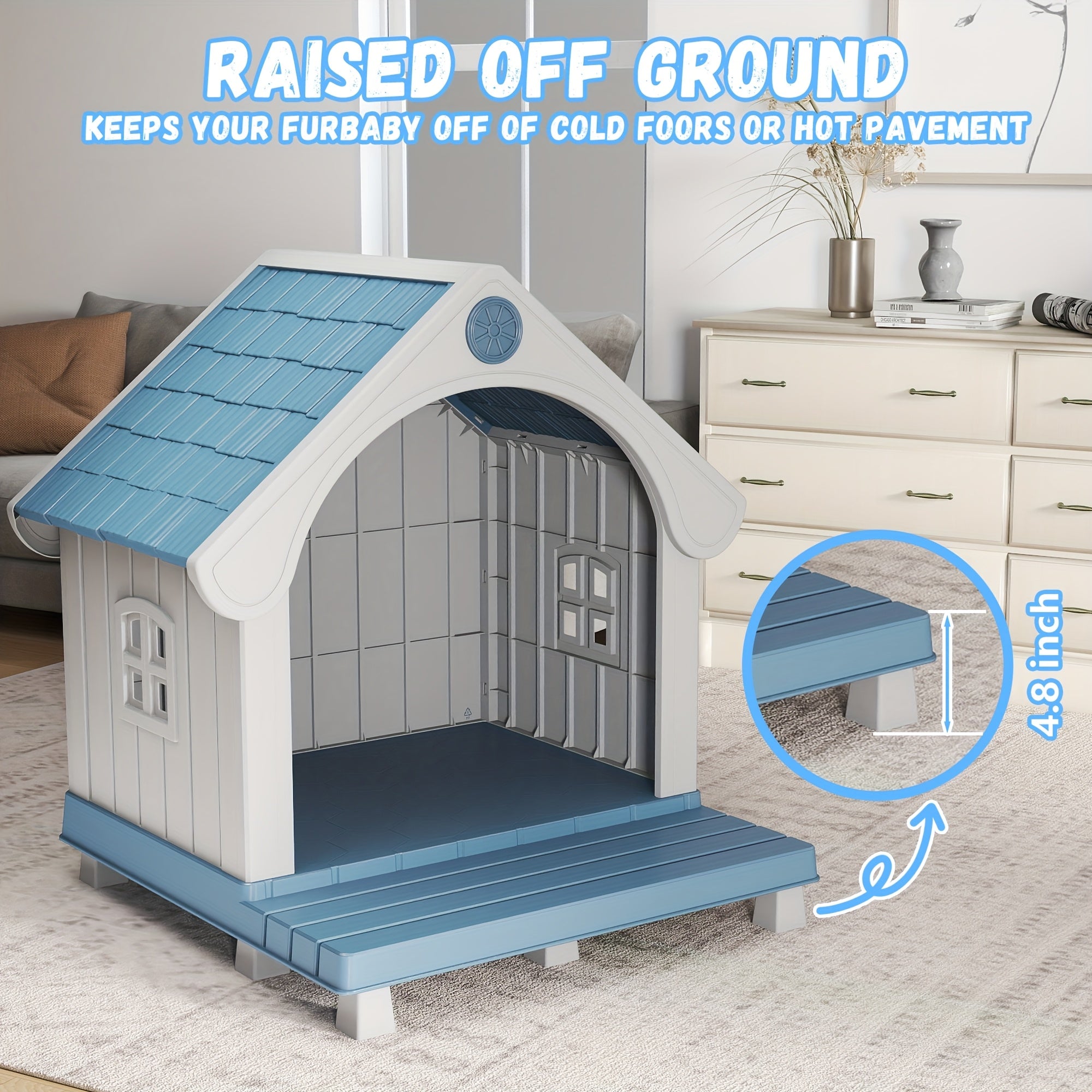 Durable Plastic Dog House Bed - All-Weather UV-Protected & Scratch-Resistant Indoor\u002FOutdoor Pet Shelter with Ventilation Holes, Easy-Clean Striped Roof & Grey Walls, Sturdy Odorless Kennel for Small\u002FMedium\u002FLarge Dogs (Assembly Required