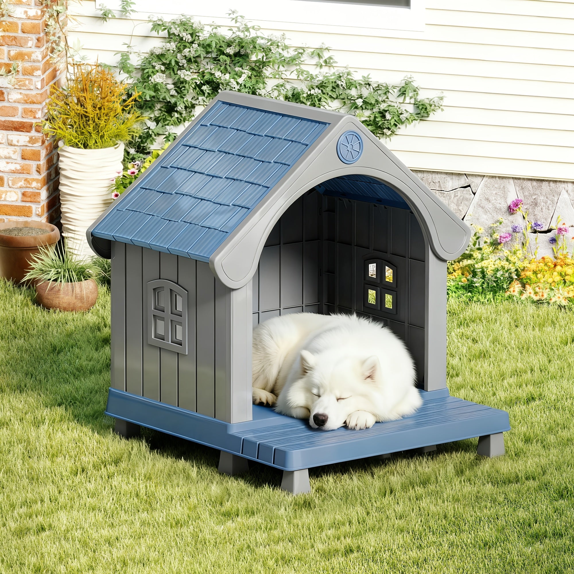 Durable Plastic Dog House Bed - All-Weather UV-Protected & Scratch-Resistant Indoor\u002FOutdoor Pet Shelter with Ventilation Holes, Easy-Clean Striped Roof & Grey Walls, Sturdy Odorless Kennel for Small\u002FMedium\u002FLarge Dogs (Assembly Required