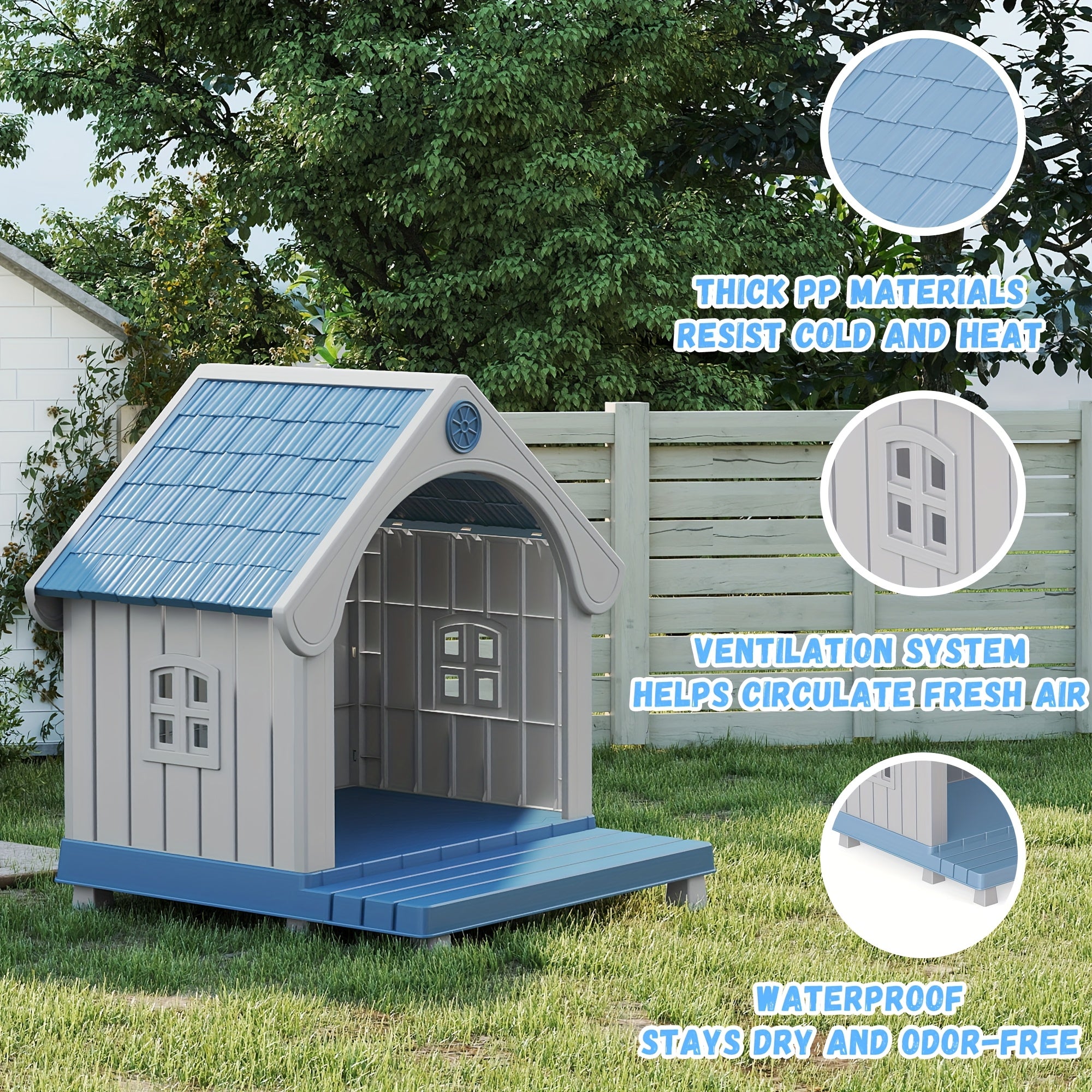 Durable Plastic Dog House Bed - All-Weather UV-Protected & Scratch-Resistant Indoor\u002FOutdoor Pet Shelter with Ventilation Holes, Easy-Clean Striped Roof & Grey Walls, Sturdy Odorless Kennel for Small\u002FMedium\u002FLarge Dogs (Assembly Required