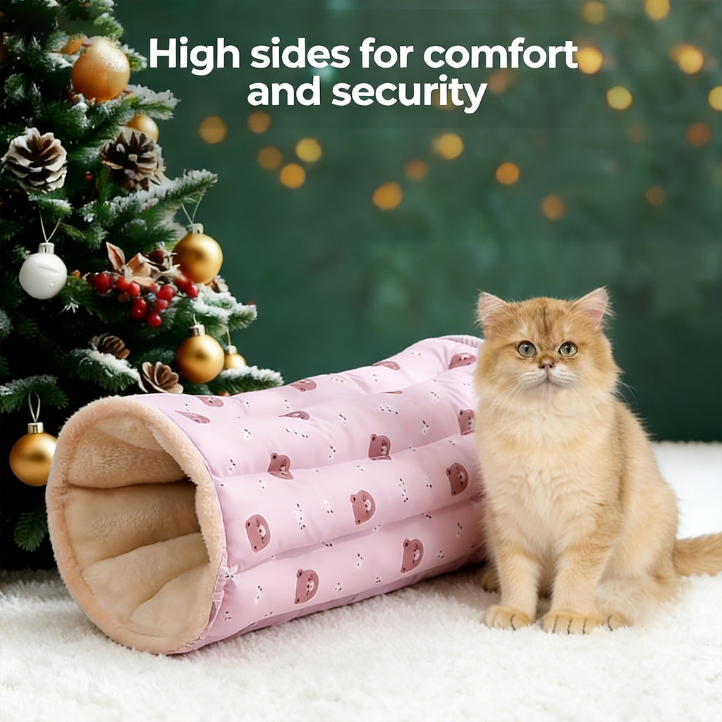 1pc Bear Print 2-in-1 Cat Bed Tunnel Mat Suitable for All- Warm Enclosed Tunnel Bed & Playhouse, Double-Sided Tunnel Design with Cozy Hideout for Indoor Cats, Bedding for Rest and Play for Kittens and Cats