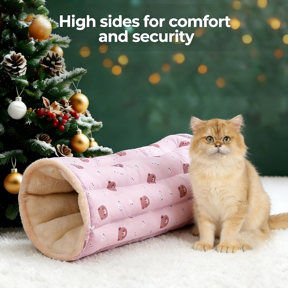 1pc Bear Print 2-in-1 Cat Bed Tunnel Mat Suitable for All- Warm Enclosed Tunnel Bed & Playhouse, Double-Sided Tunnel Design with Cozy Hideout for Indoor Cats, Bedding for Rest and Play for Kittens and Cats