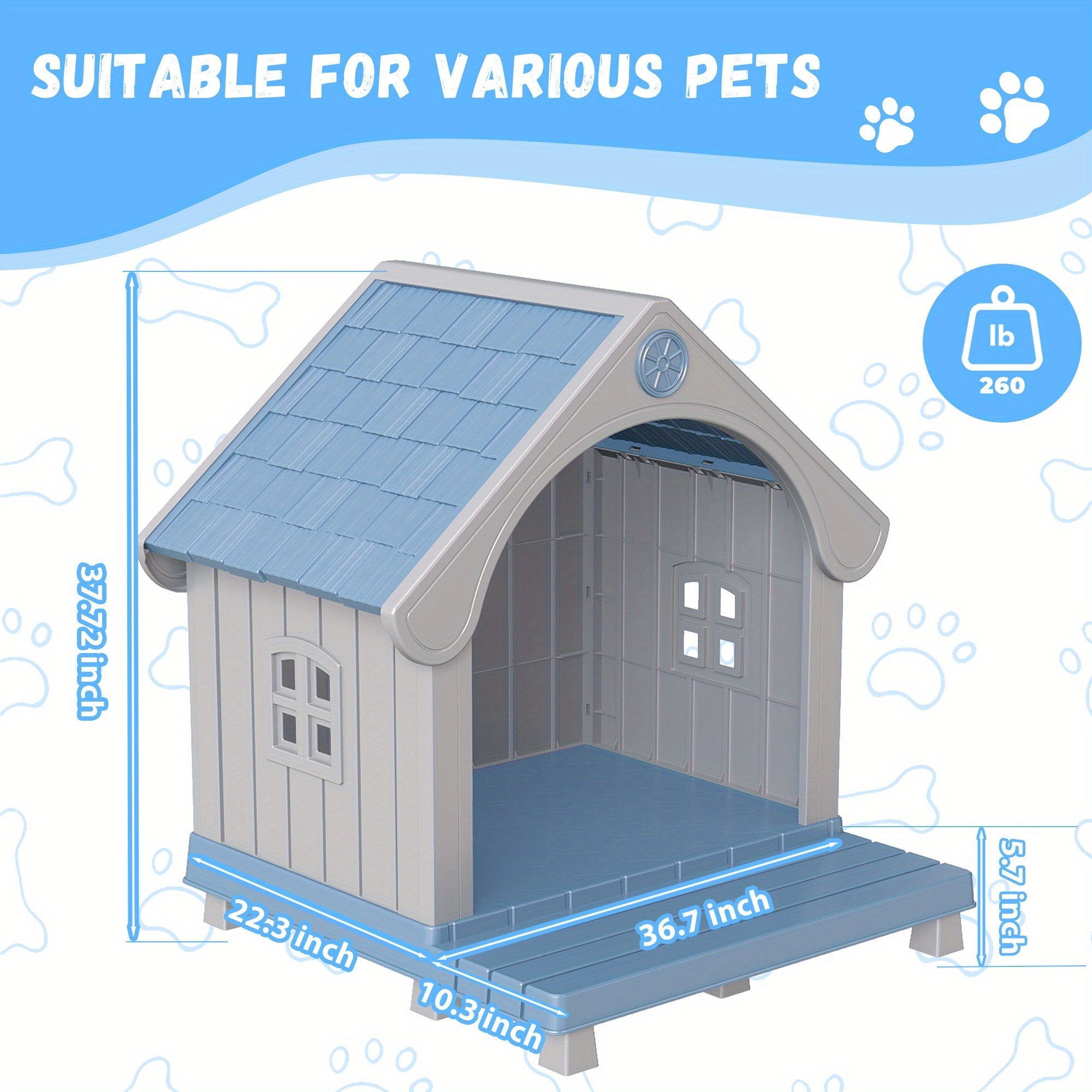 Durable Plastic Dog House Bed - All-Weather UV-Protected & Scratch-Resistant Indoor\u002FOutdoor Pet Shelter with Ventilation Holes, Easy-Clean Striped Roof & Grey Walls, Sturdy Odorless Kennel for Small\u002FMedium\u002FLarge Dogs (Assembly Required