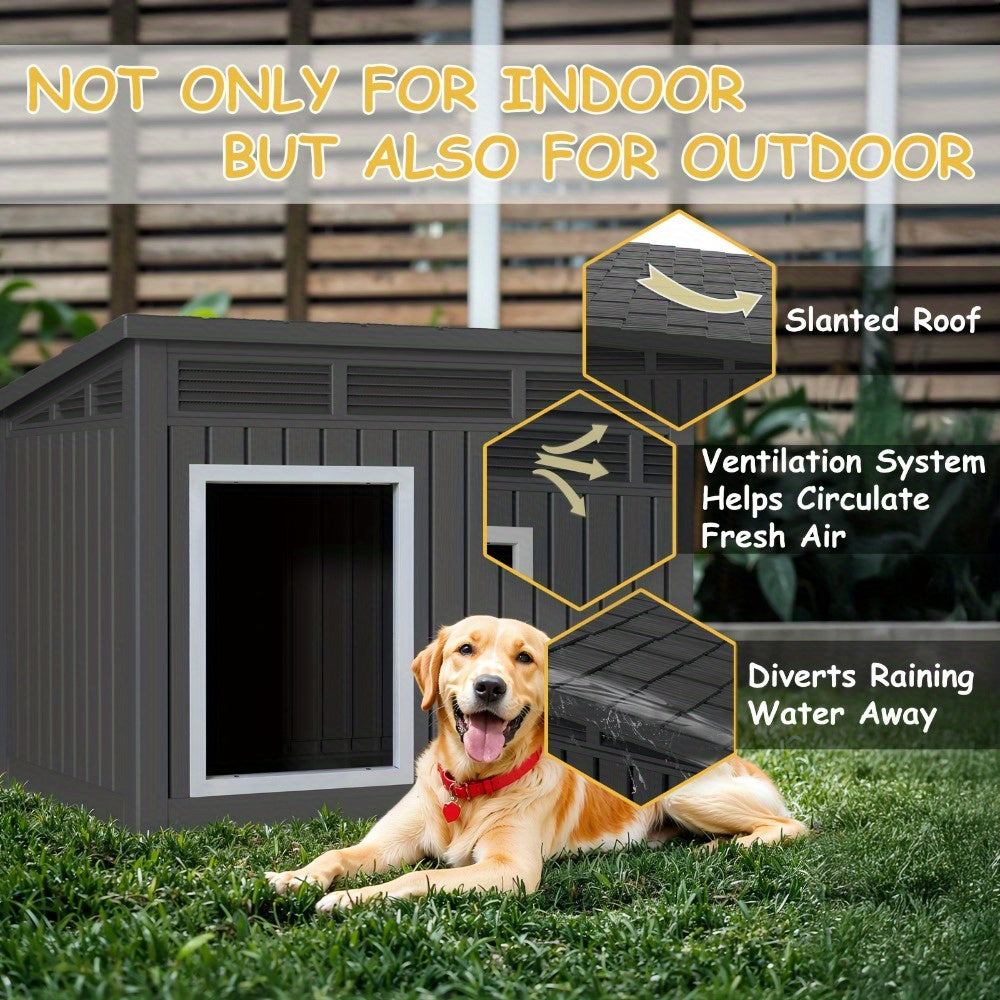 A 33-Inch Slanted Top Doghouse Made from Uv-Resistant Resin, Designed As an Outdoor Pet Shelter with Ventilation Openings. It Is Easy to Assemble And Provides a Stable Home for Large Dogs