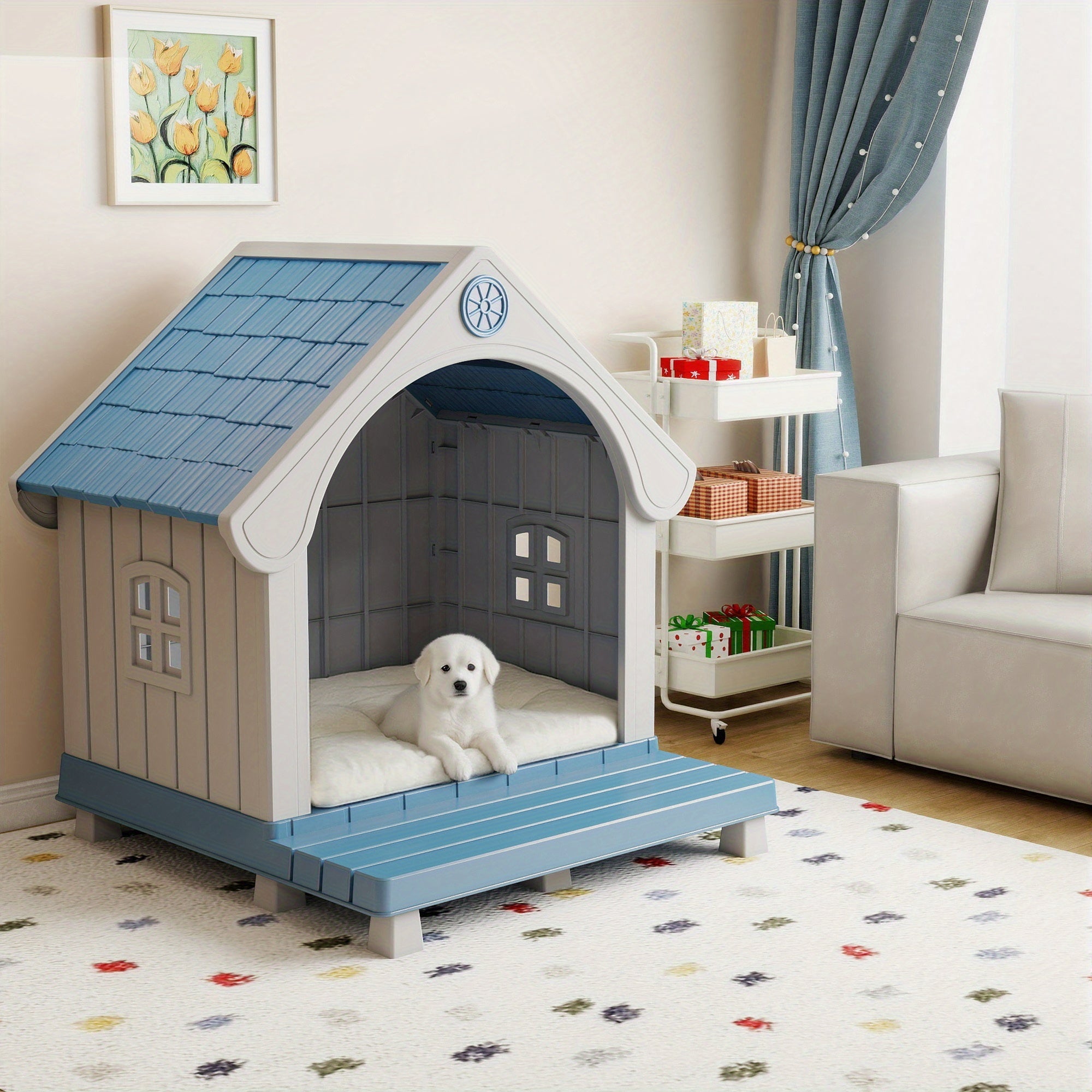 Durable Plastic Dog House Bed - All-Weather UV-Protected & Scratch-Resistant Indoor\u002FOutdoor Pet Shelter with Ventilation Holes, Easy-Clean Striped Roof & Grey Walls, Sturdy Odorless Kennel for Small\u002FMedium\u002FLarge Dogs (Assembly Required